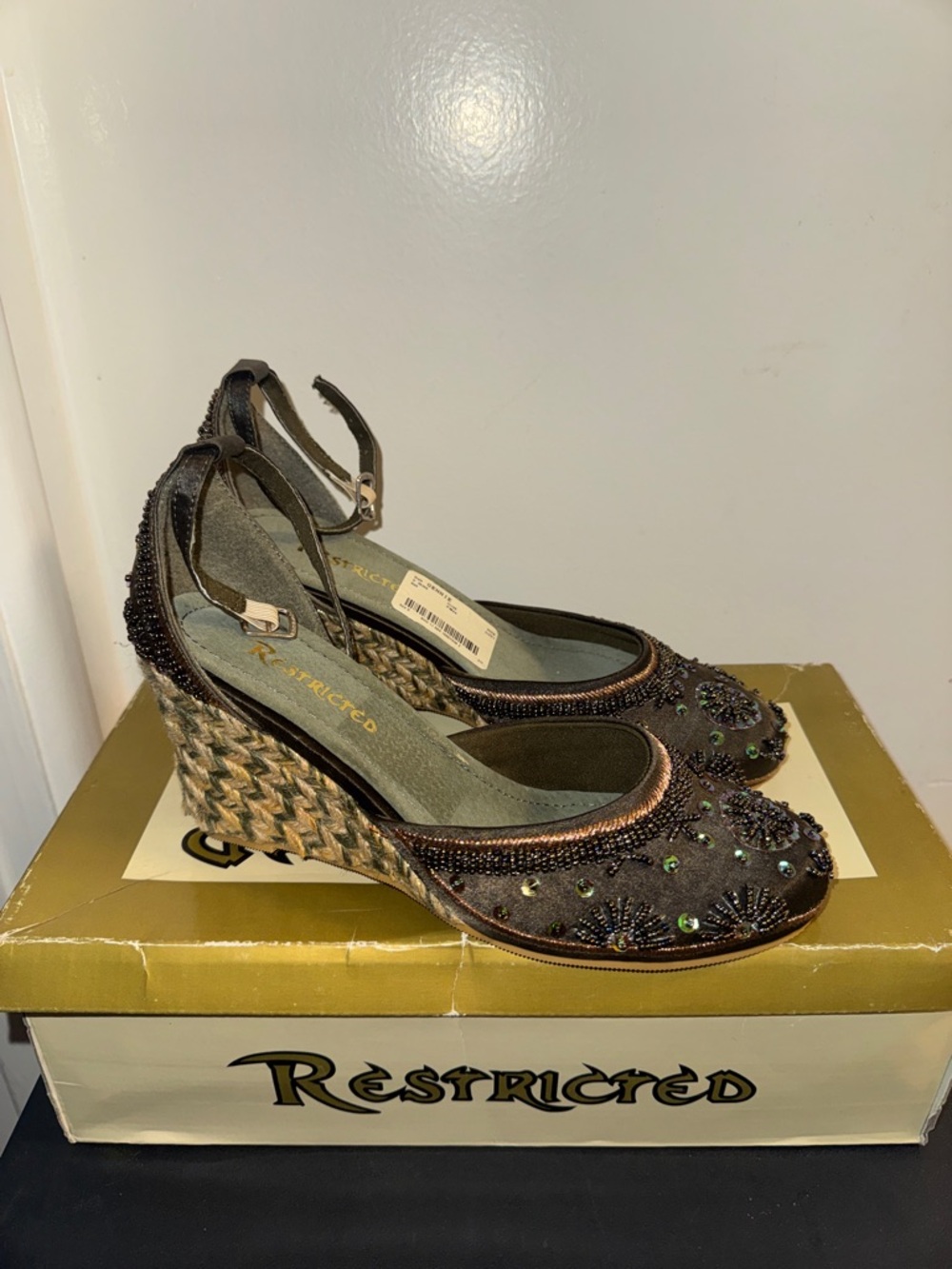 Restricted Brown Beaded Espadrille Wedge Sandals